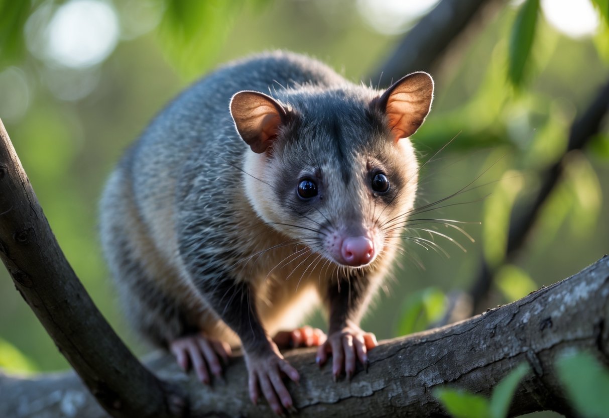 A calm opossum sitting on a tree branch surrounded by green leaves.