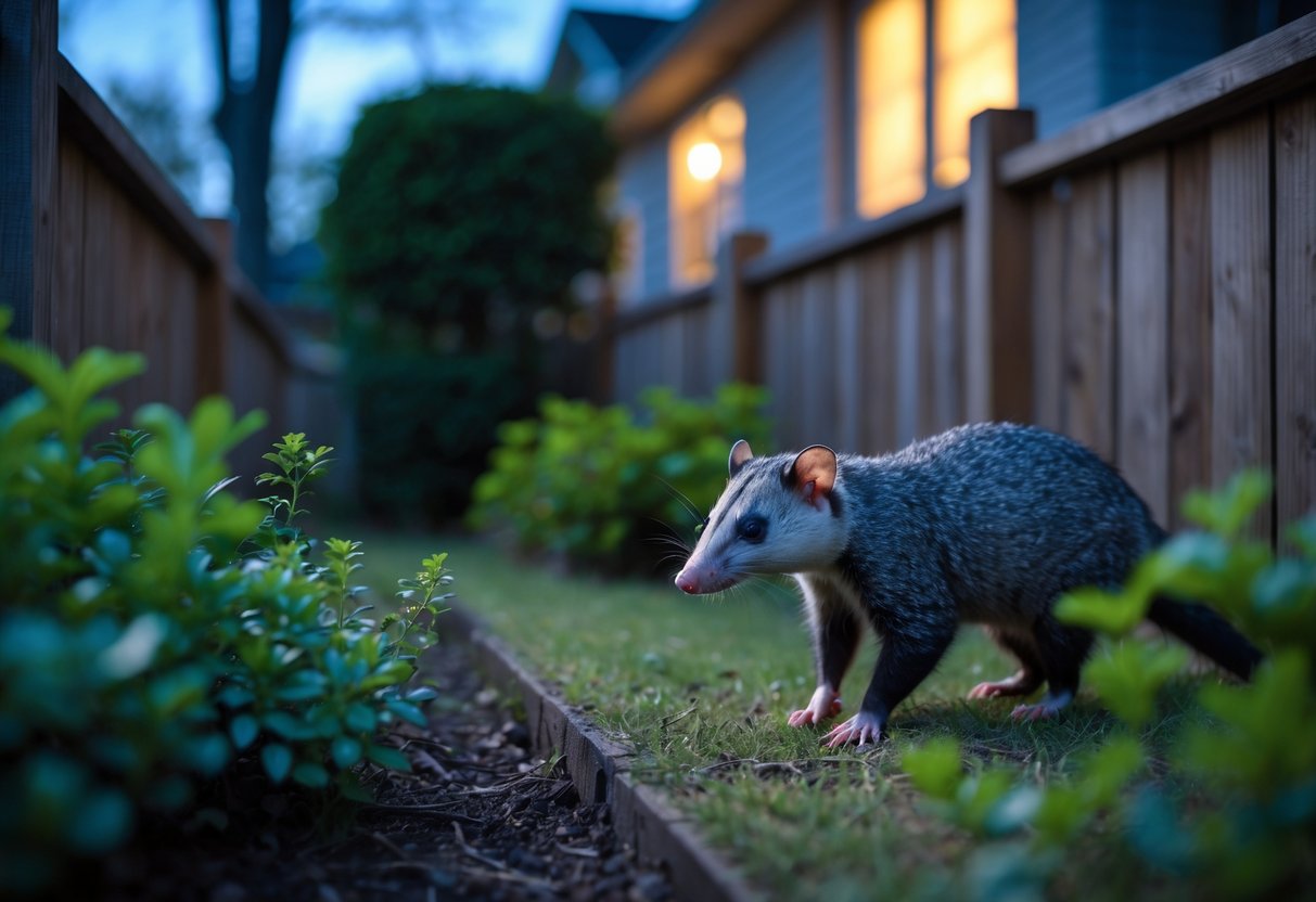 An opossum walking cautiously along the edge of a suburban backyard near a wooden fence at dusk.