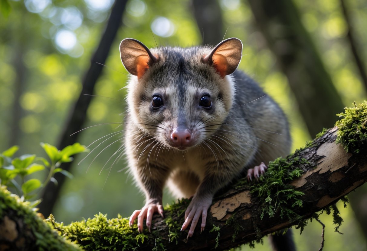 A close-up of an opossum sitting on a mossy tree branch in a forest with green leaves in the background.