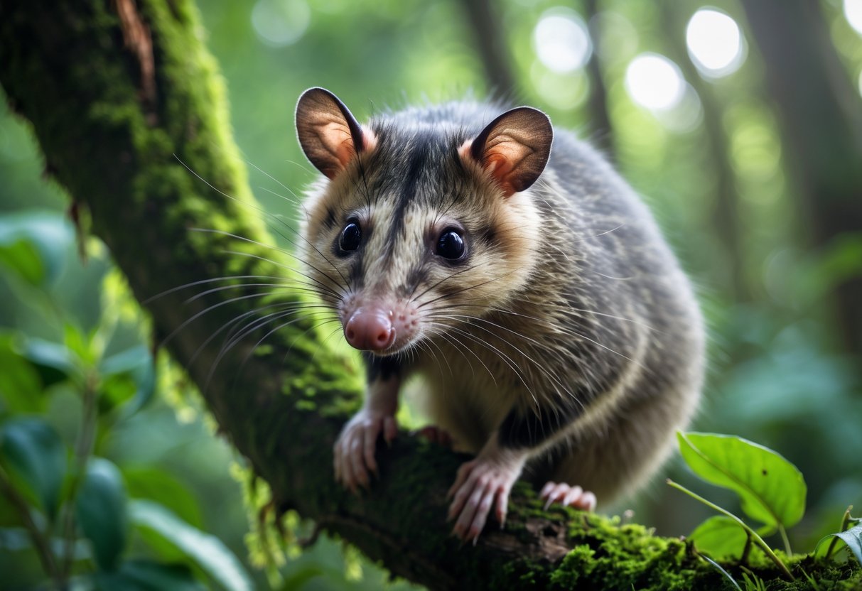 Close-up of an opossum sitting on a mossy tree branch surrounded by green leaves in a forest.
