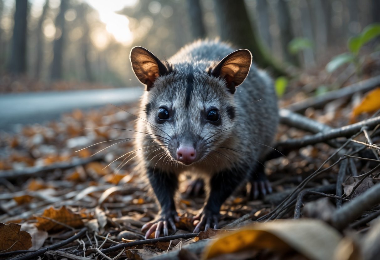 A close-up of a Virginia opossum in a forest edge with natural surroundings and distant predators visible.