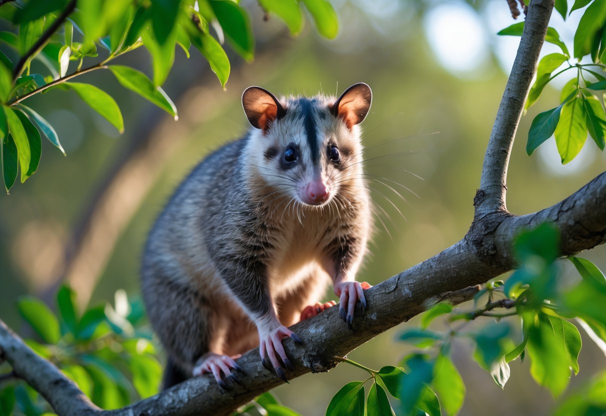 An opossum sitting on a tree branch surrounded by green leaves in a natural outdoor setting.