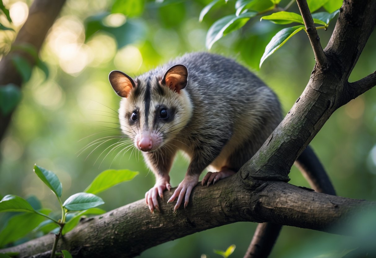 A close-up of an opossum perched on a tree branch in a forest setting surrounded by green leaves.