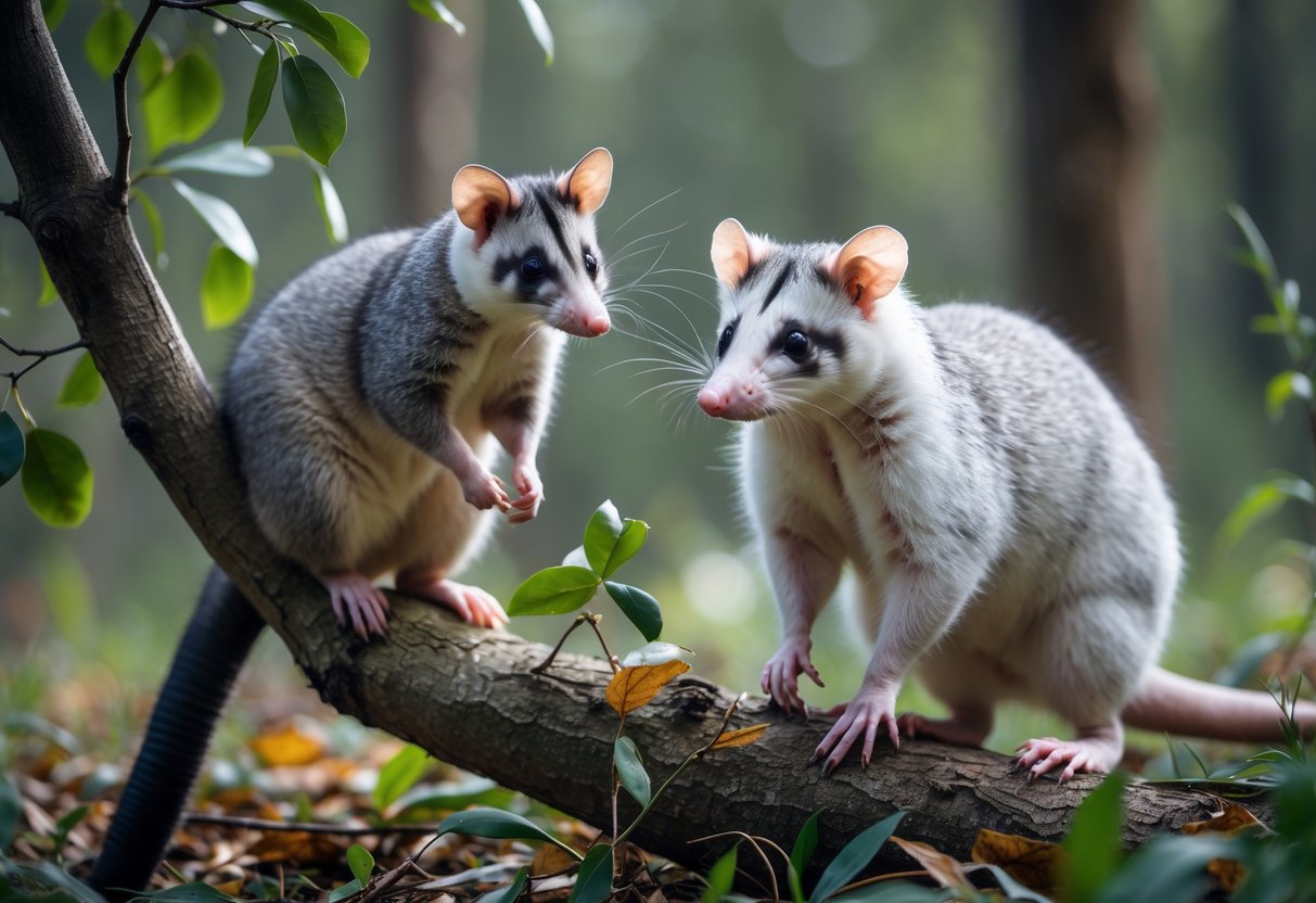 A possum on a tree branch and an opossum on the ground in a forest setting.
