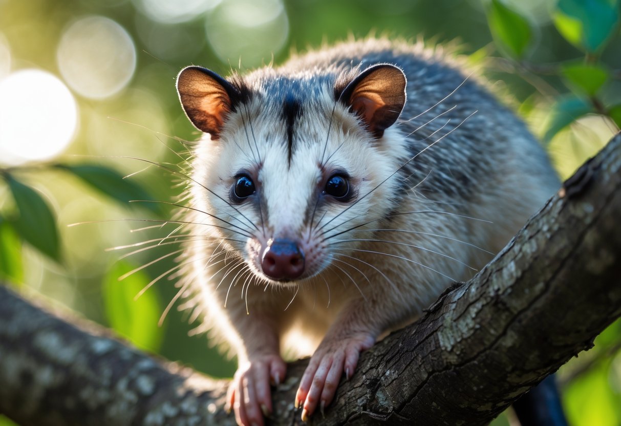 A close-up of an opossum sitting on a tree branch surrounded by green leaves.