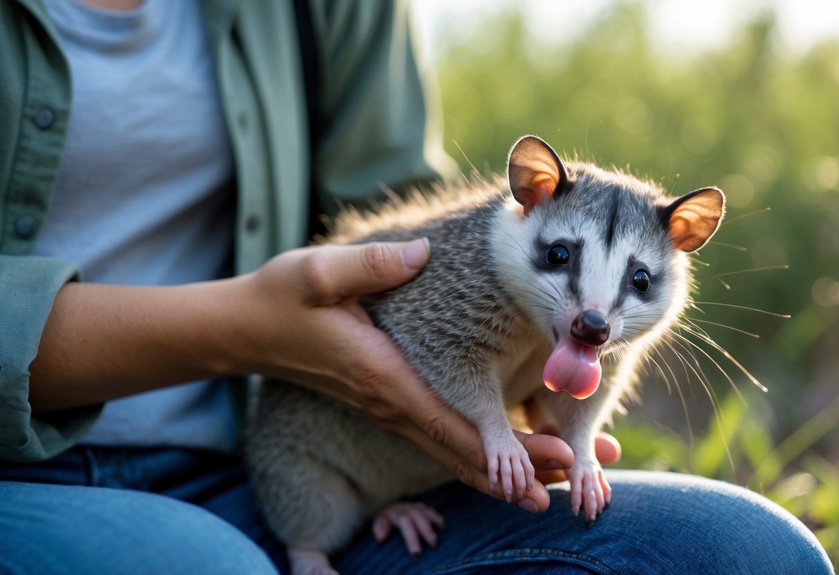 A person outdoors holding an opossum that is licking their hand.