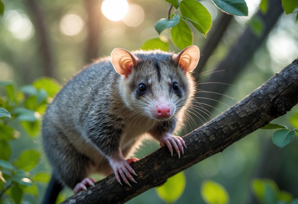 A close-up of a calm opossum sitting on a tree branch surrounded by green leaves in a forest.