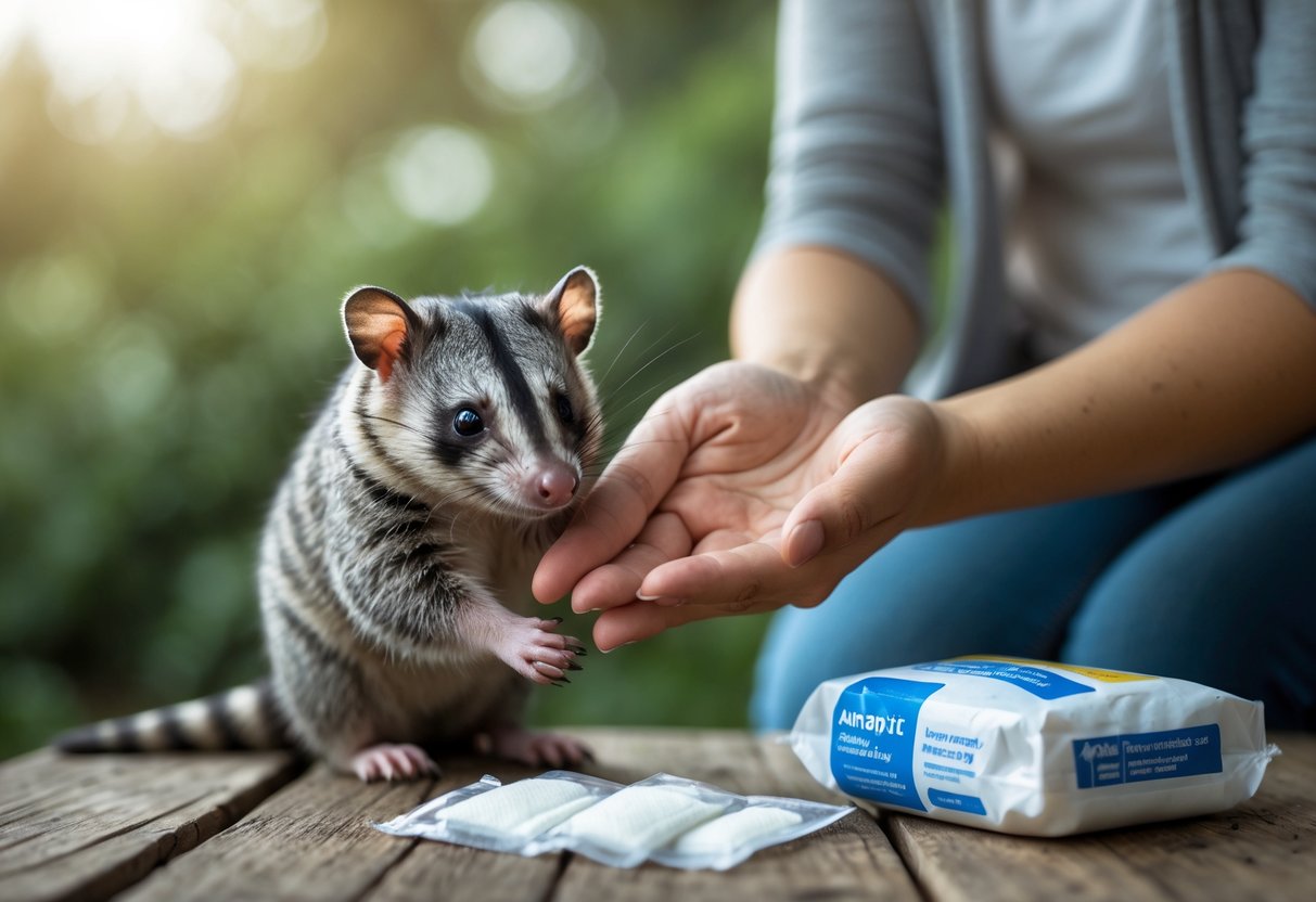 A person gently holding a small opossum's paw outdoors with a first aid kit on a nearby table.