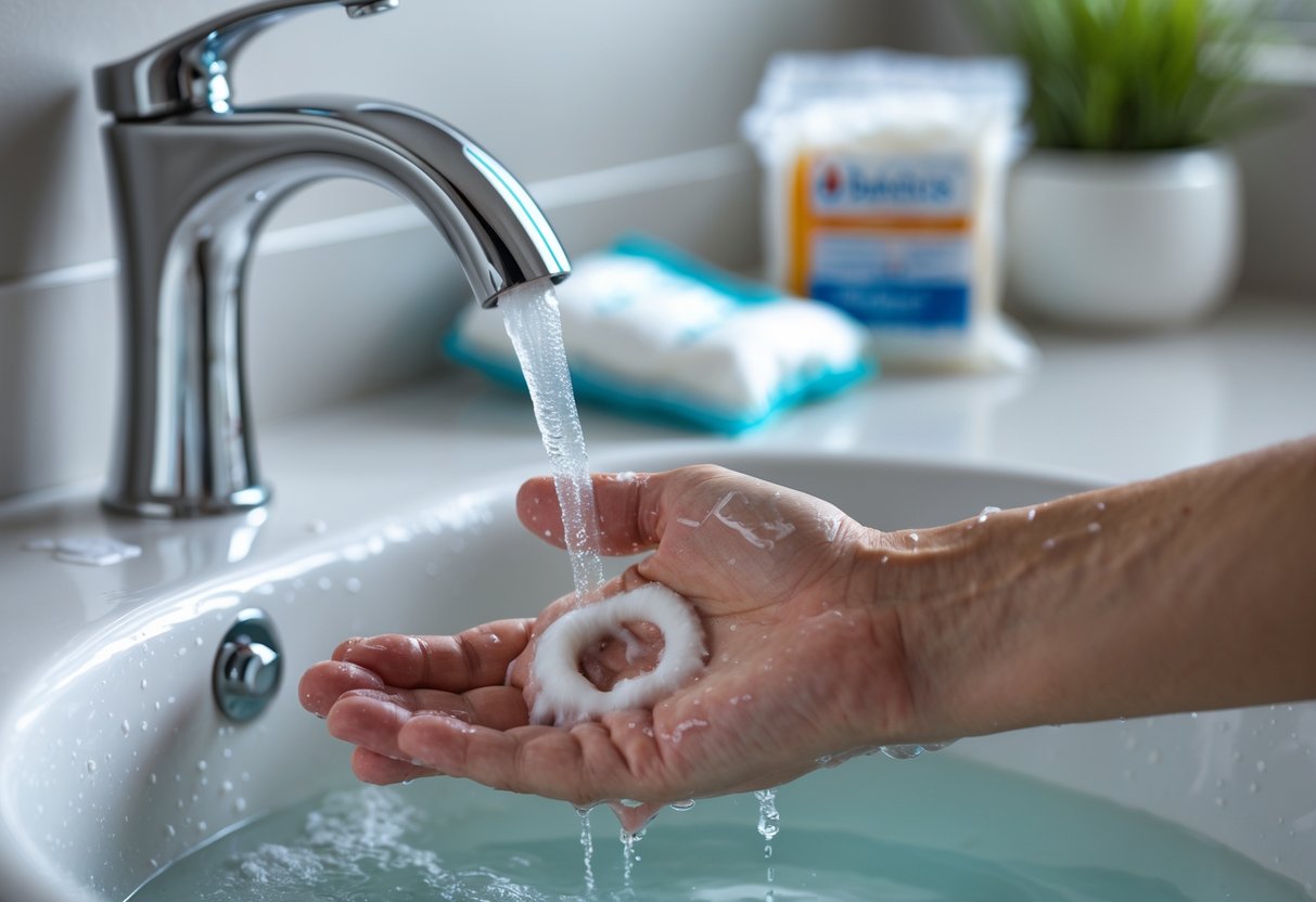 A person washing a bite wound on their hand under running water with a first aid kit nearby.