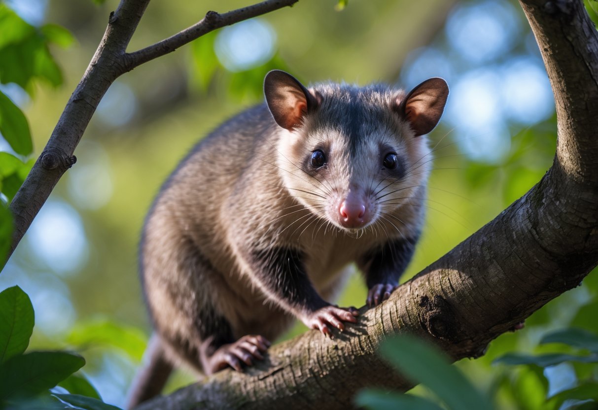 An opossum sitting on a tree branch surrounded by green leaves.