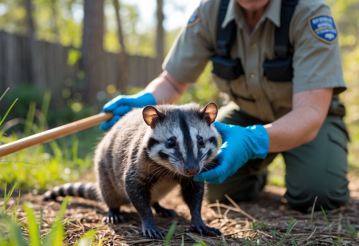 A wildlife expert wearing gloves gently handling an opossum outdoors using humane tools in a natural setting.