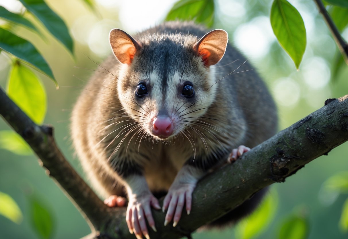A close-up of an opossum sitting on a tree branch surrounded by green leaves.