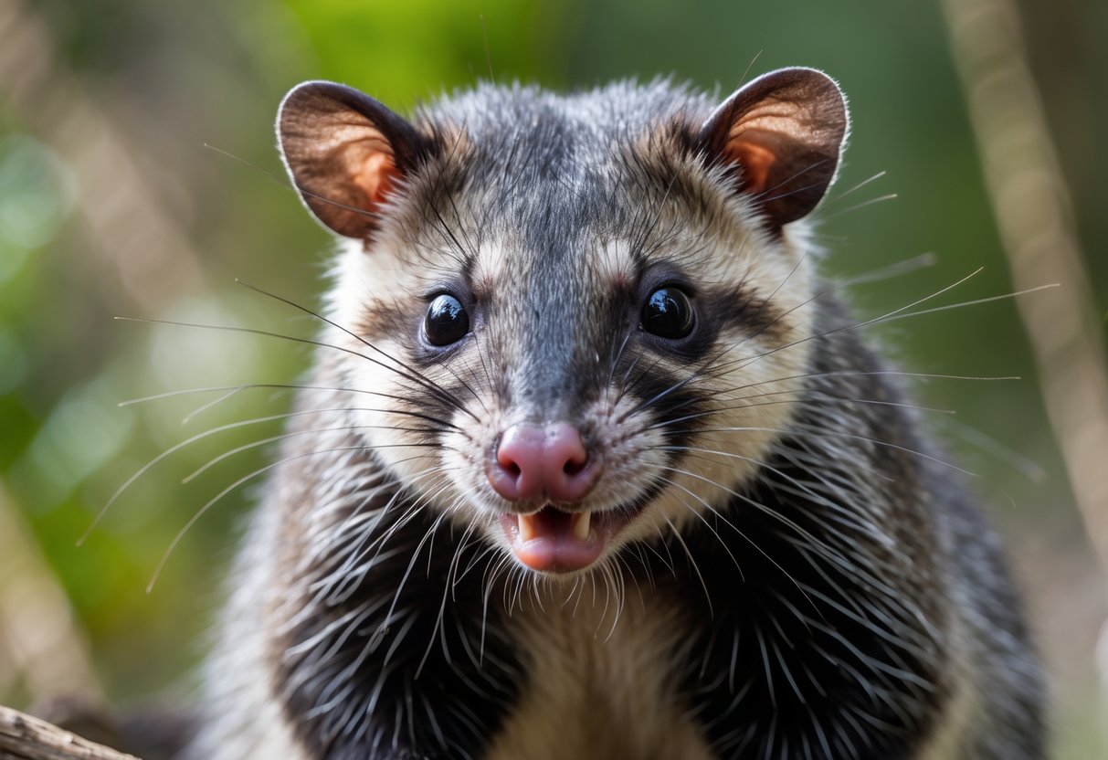 Close-up of an opossum with its mouth slightly open and moisture around its mouth, in a natural outdoor setting with blurred greenery in the background.