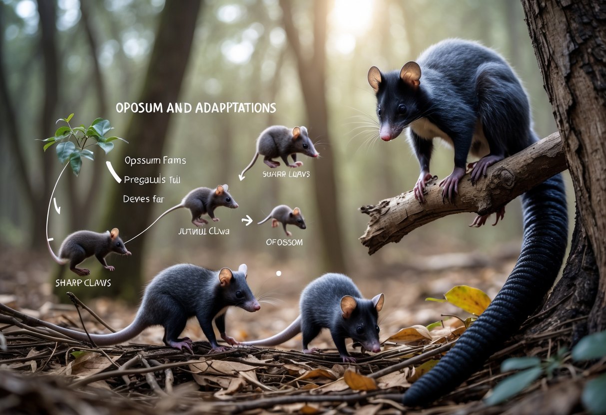 An opossum family in a forest showing a mother with a baby on her back and an adult climbing a tree branch surrounded by natural woodland elements.