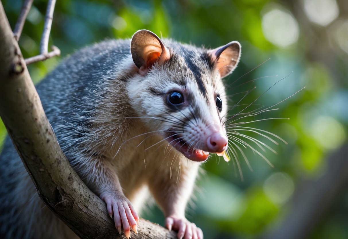 Close-up of an opossum perched on a tree branch with visible saliva around its mouth in a green forest setting.