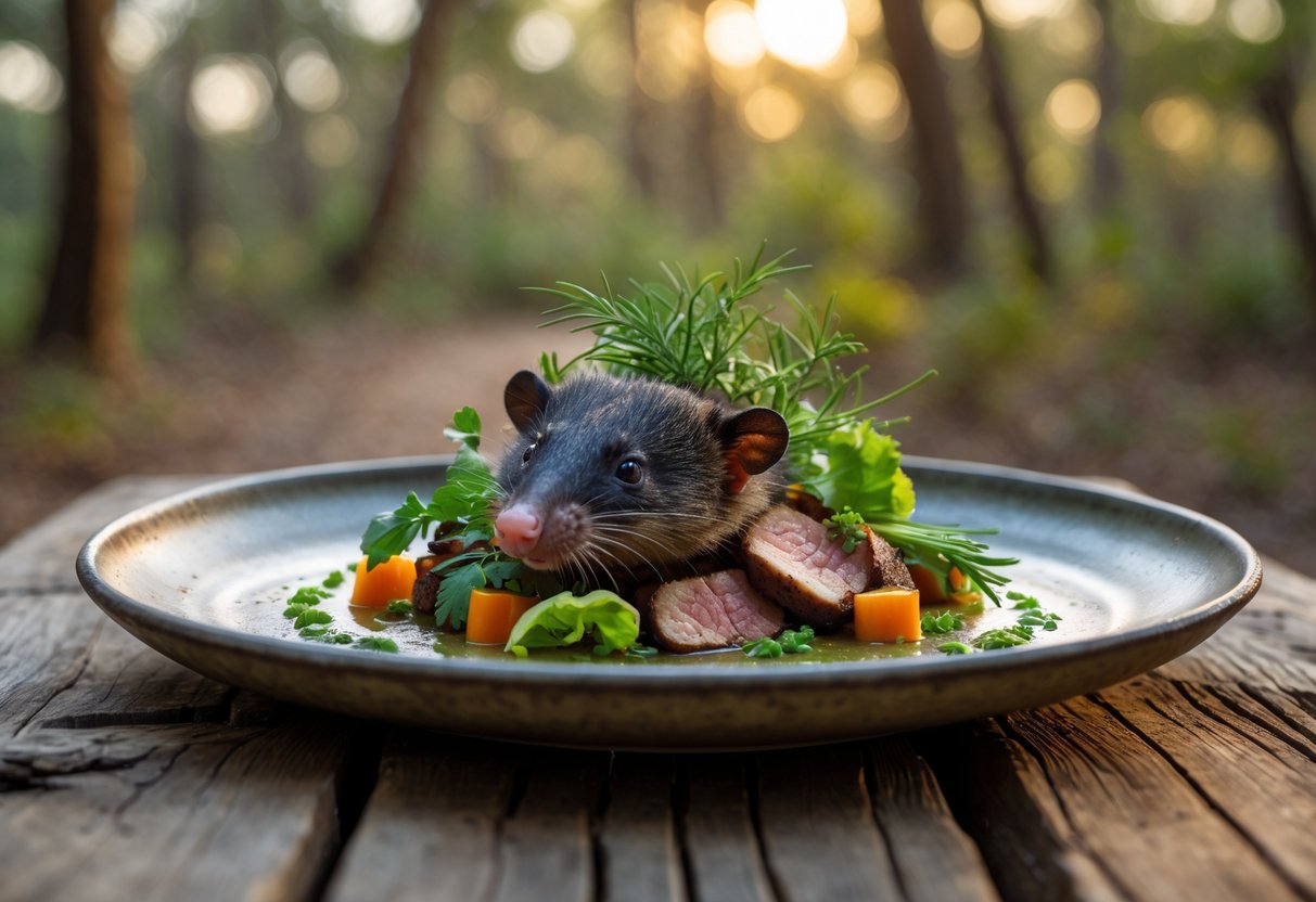 A plated gourmet dish featuring cooked opossum meat with vegetables on a wooden table outdoors in a forest setting.