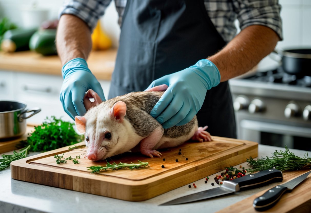Person preparing opossum meat on a cutting board in a kitchen with cooking utensils and fresh herbs nearby.