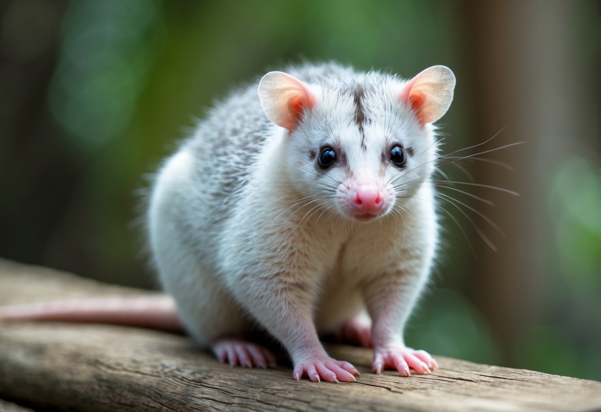 A clean opossum sitting on a wooden surface with green foliage in the background.