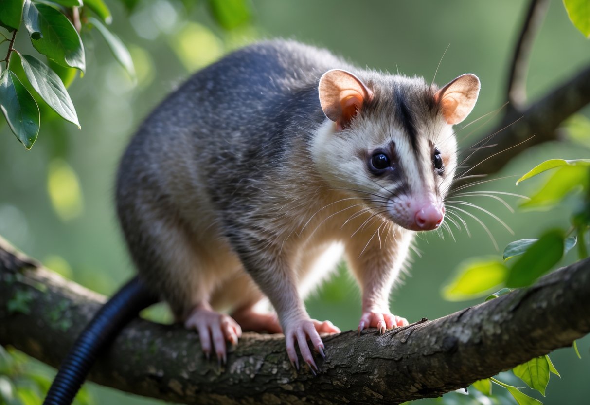 A close-up of an opossum sitting on a tree branch surrounded by green leaves.