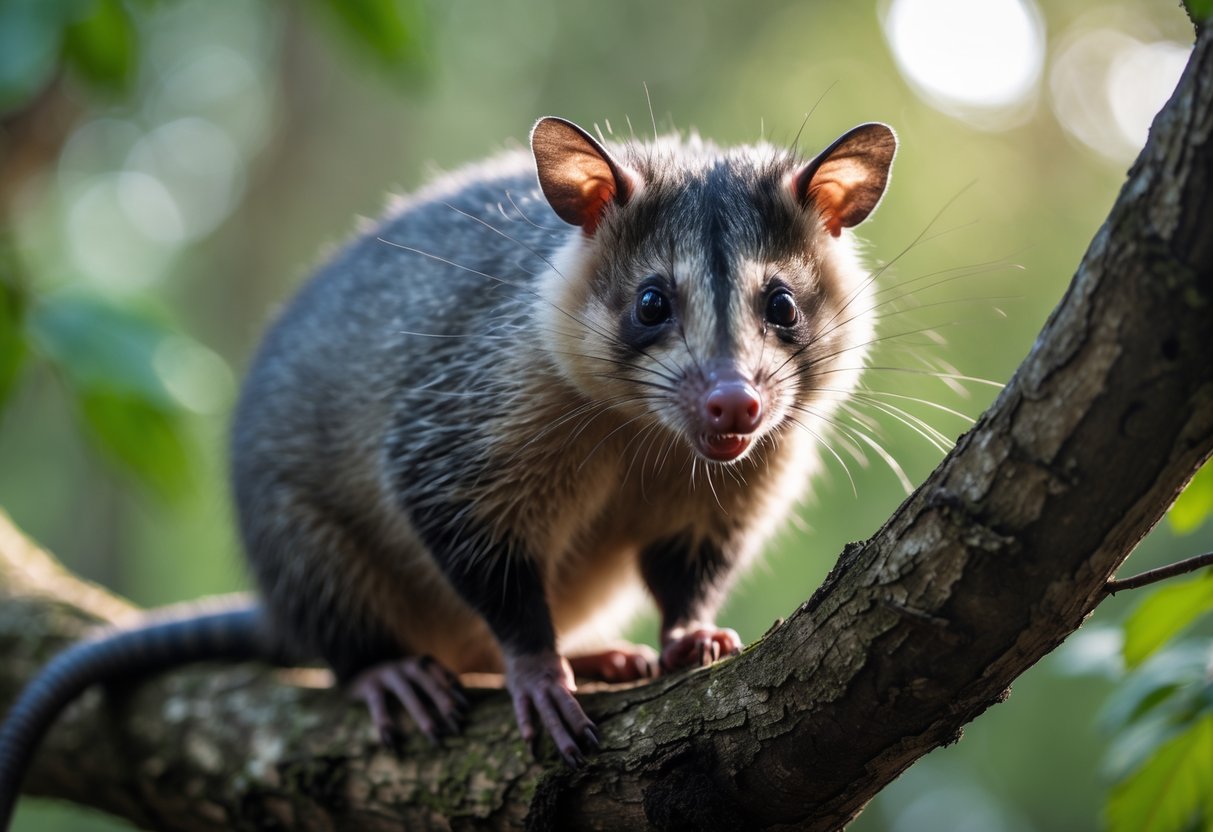 A close-up of an opossum sitting on a tree branch in a forest, looking directly ahead with its mouth slightly open.