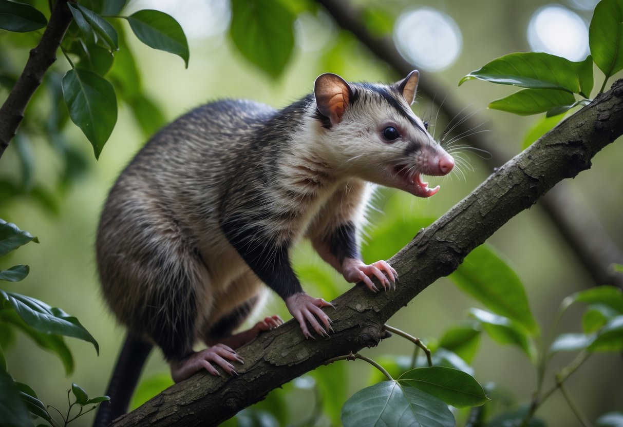 An opossum perched on a tree branch in a forest, with its mouth slightly open as if making a sound.