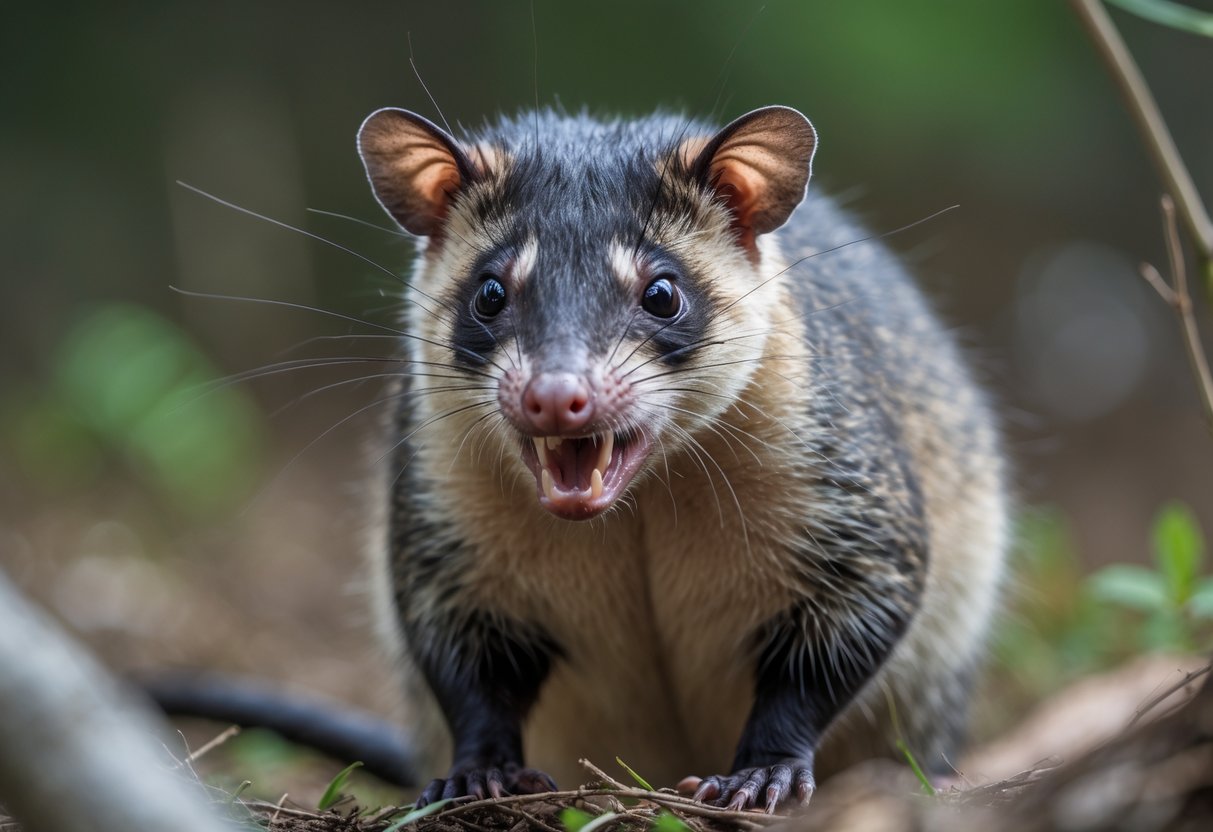 A close-up of an opossum showing its teeth in a defensive posture in a natural outdoor environment.