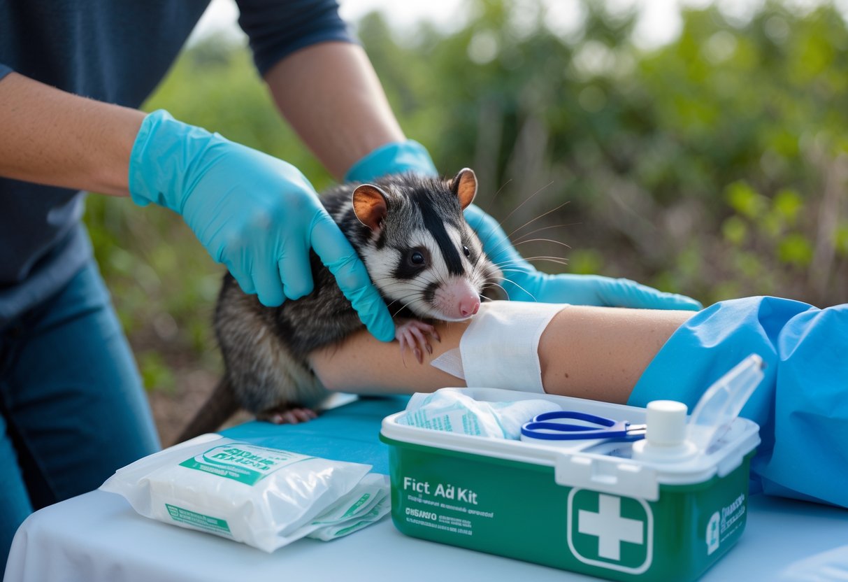 A person’s hand being cleaned with an antiseptic wipe outdoors while another person wears gloves and a first aid kit is open nearby.