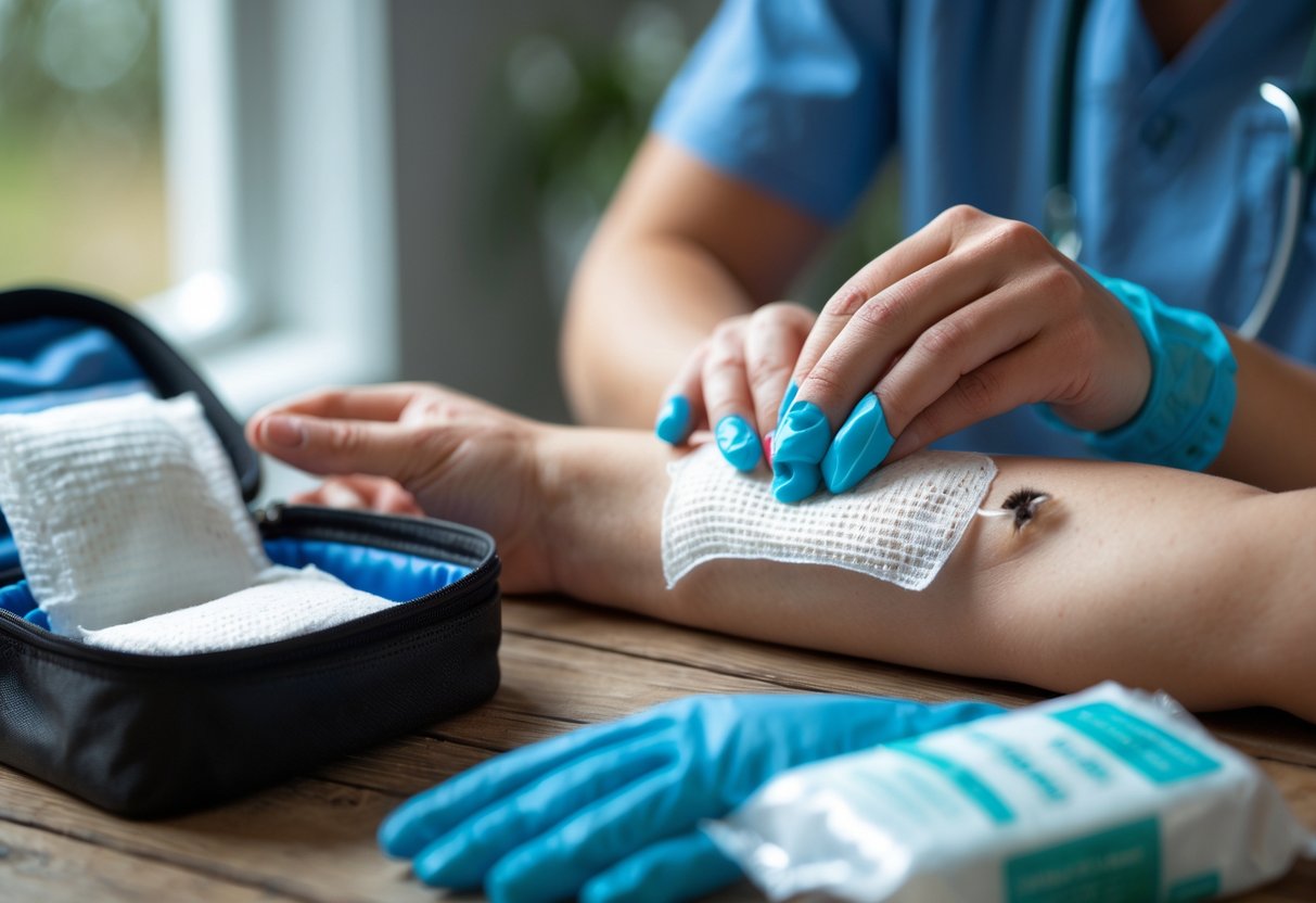 A person cleaning a small bite wound on their forearm with a gauze pad next to an open first aid kit on a table.