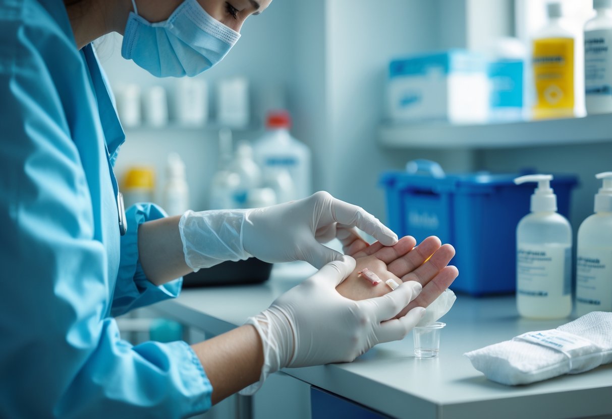 A healthcare professional cleaning a small wound on a person's hand in a medical clinic.