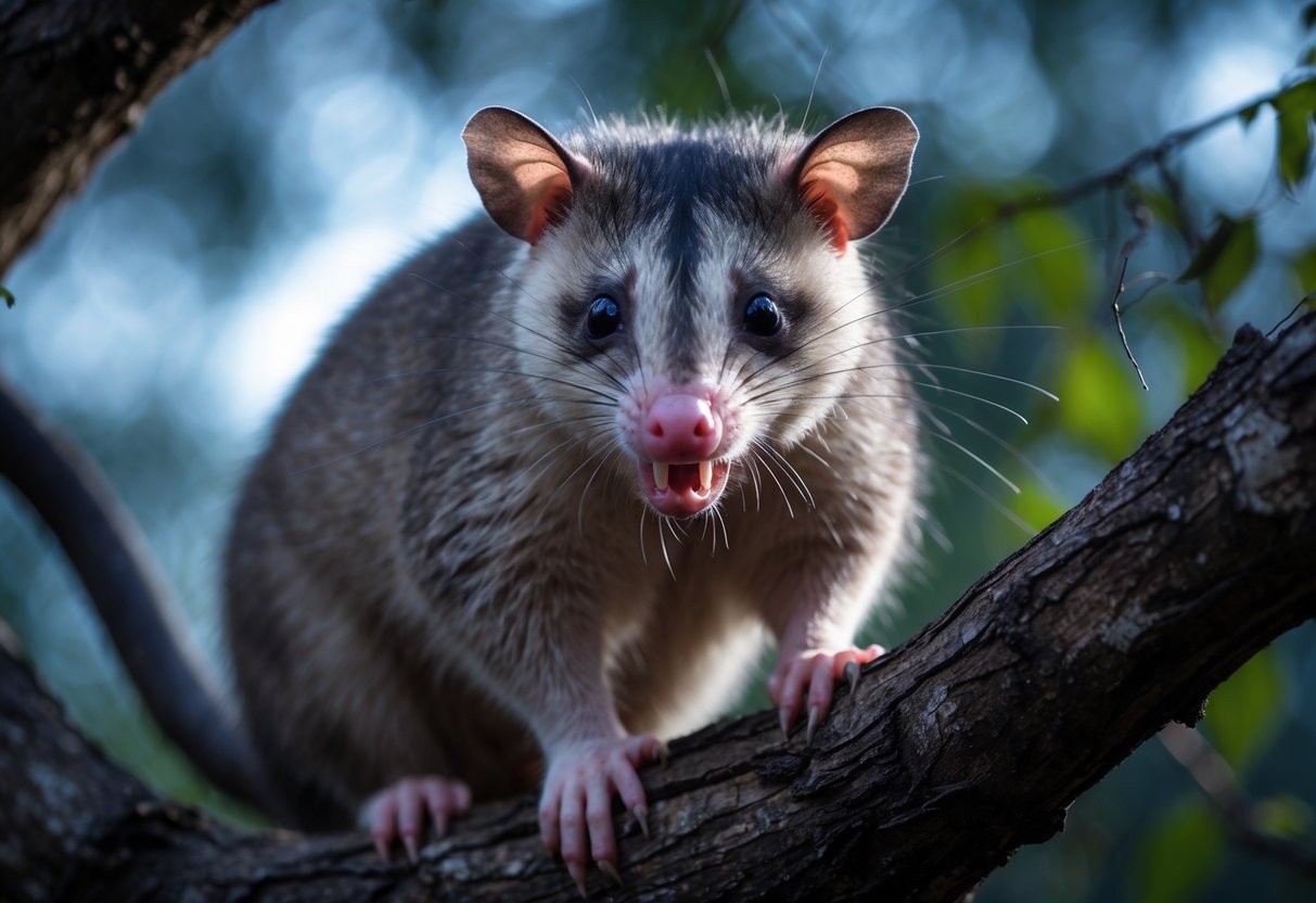 Close-up of an opossum on a tree branch at dusk with its mouth slightly open, showing its teeth.