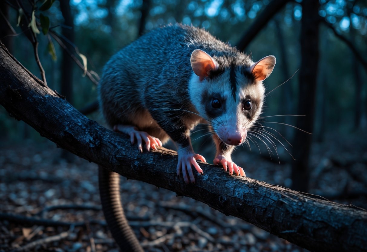 Close-up of an opossum perched on a tree branch in a dim forest setting at dusk.