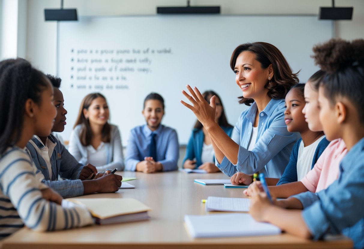 A teacher explaining pronunciation to a group of attentive students in a classroom.