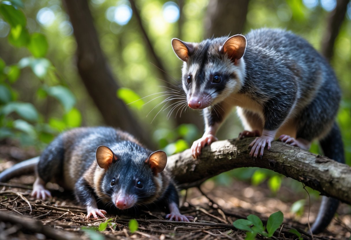 A possum perched on a tree branch looking alert while an opossum lies on the forest floor playing dead with eyes closed.