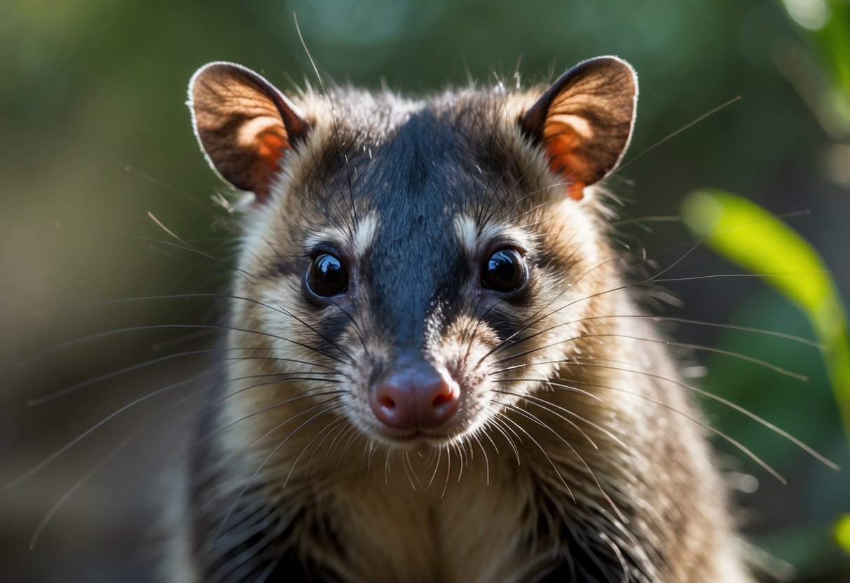 Close-up of an opossum in a natural forest setting, showing its face and eyes clearly.