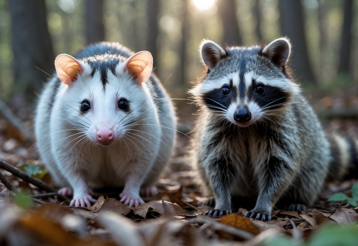 A Virginia opossum and a raccoon standing side by side on a forest floor with leaves and trees in the background.