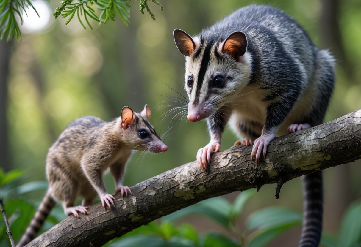 A Virginia opossum and a closely related small marsupial in a forest setting, perched on tree branches surrounded by green foliage.