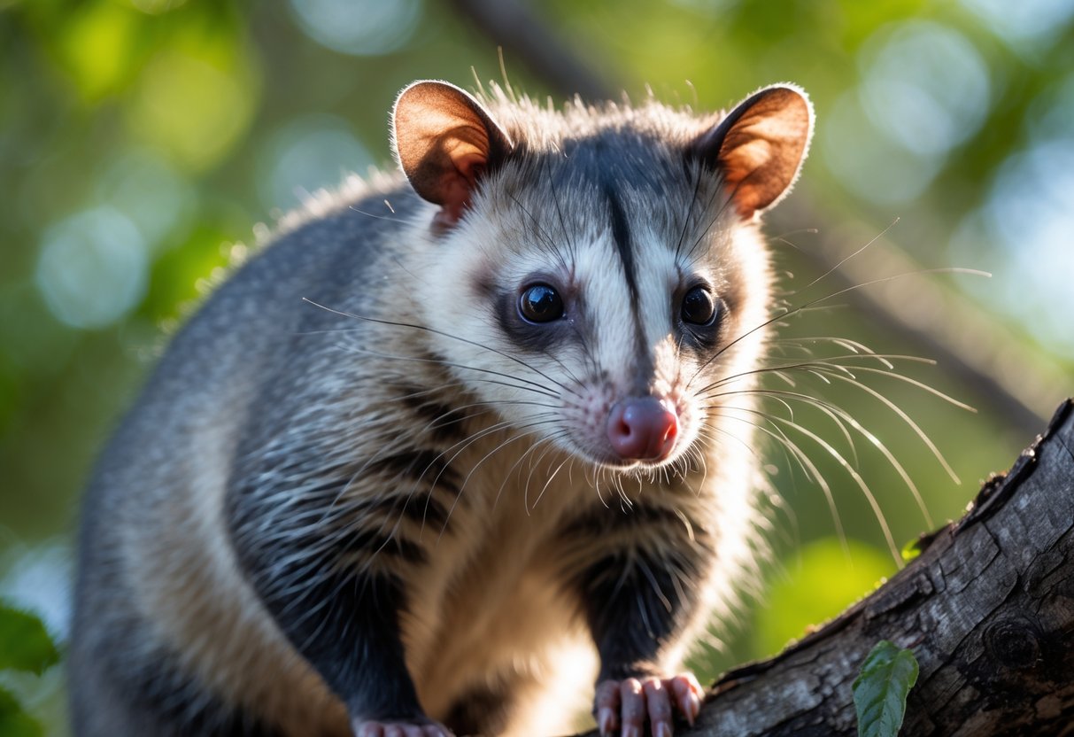 Close-up of an opossum perched on a tree branch with moist eyes in a natural outdoor setting.