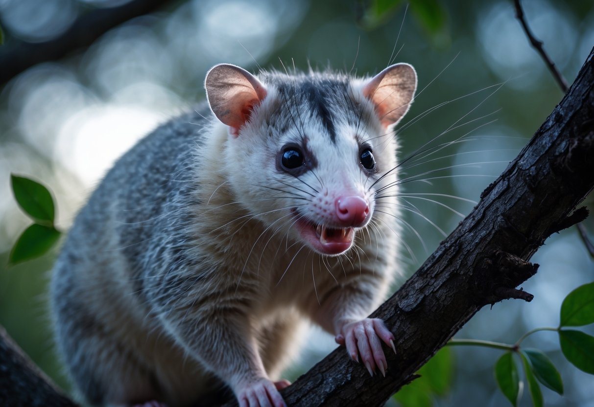 A close-up of an opossum on a tree branch with its mouth open, surrounded by green foliage in soft evening light.