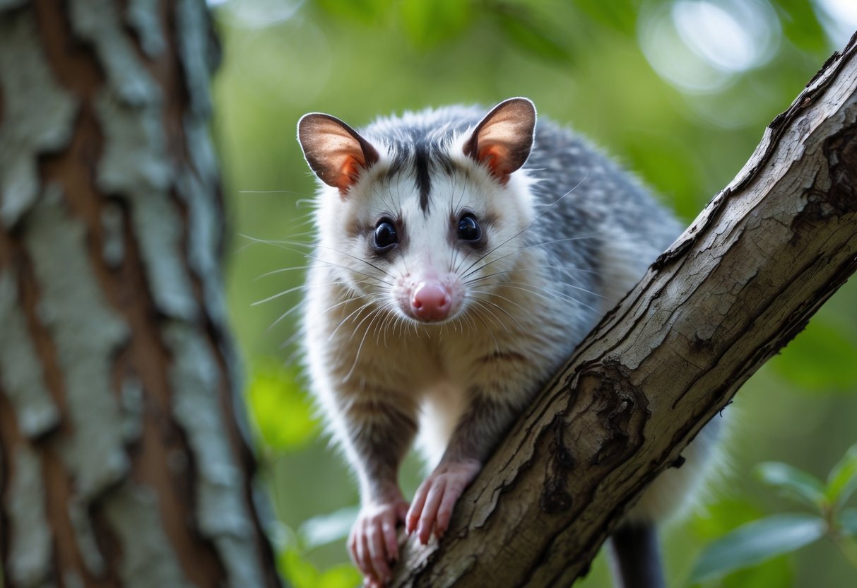 A close-up of an opossum sitting on a tree branch in a forest.