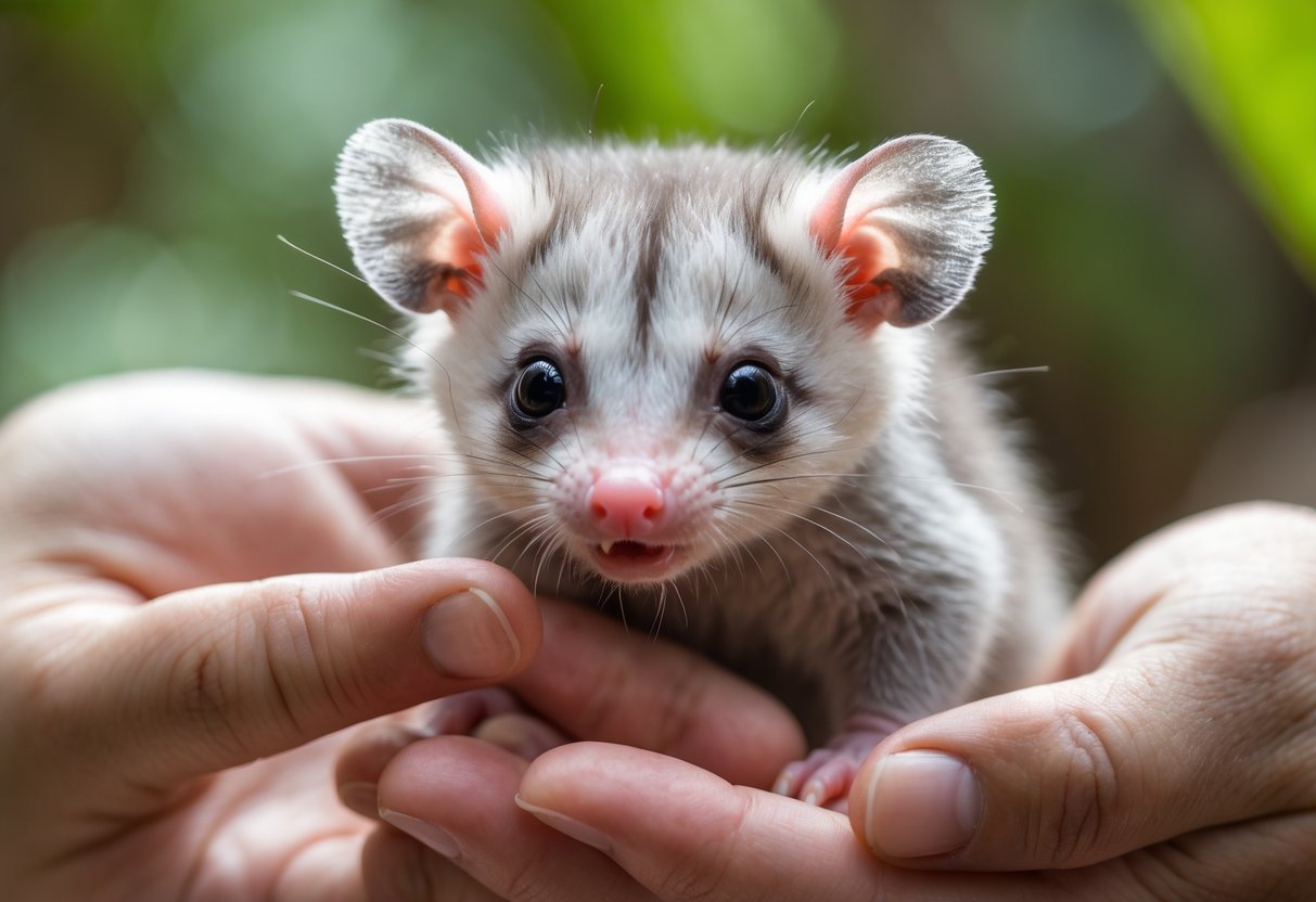 A baby opossum is gently held in a person's hands with its mouth slightly open.