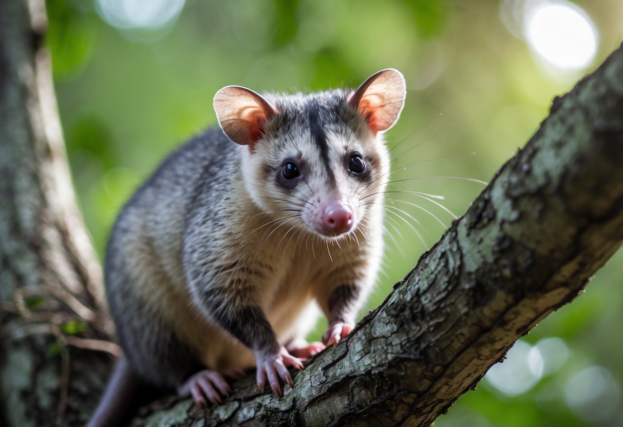 A close-up of an opossum sitting on a tree branch in a forest.