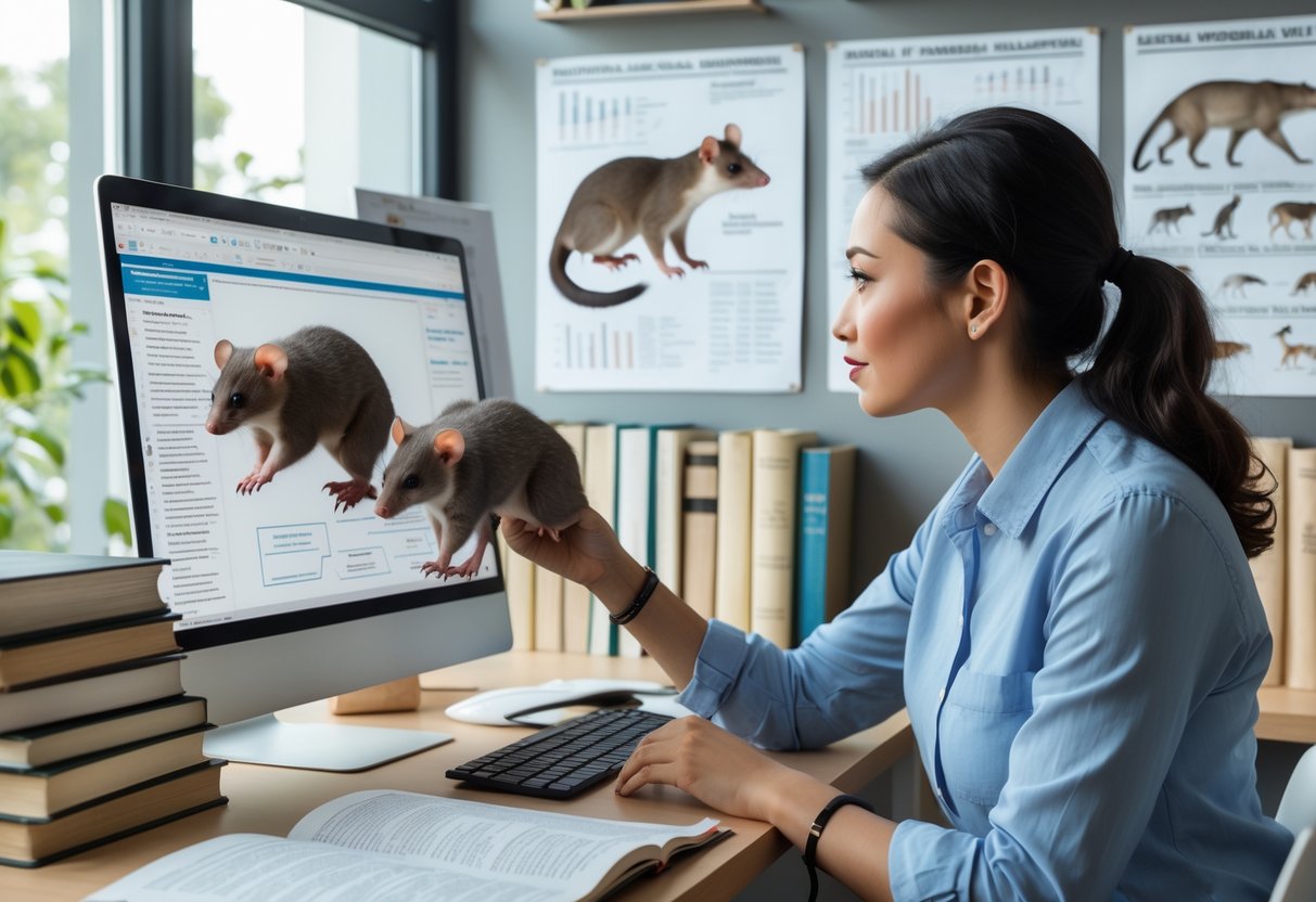 A person studying an opossum specimen and animal classification charts in a bright office filled with books.