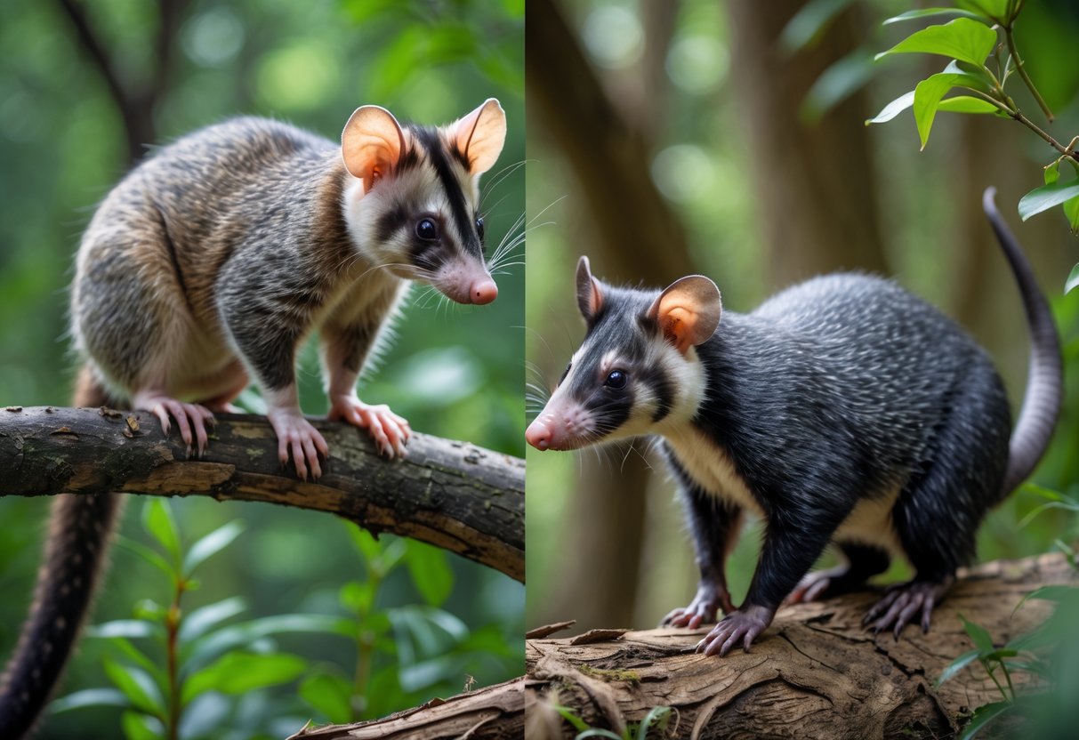 A possum on a tree branch and an opossum on the ground in a forest setting, showing their different sizes and features.