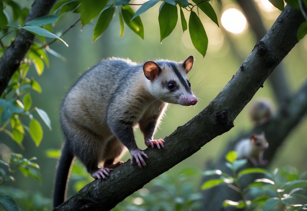 A calm opossum sitting on a tree branch with other small forest animals visible nearby in a peaceful outdoor setting.