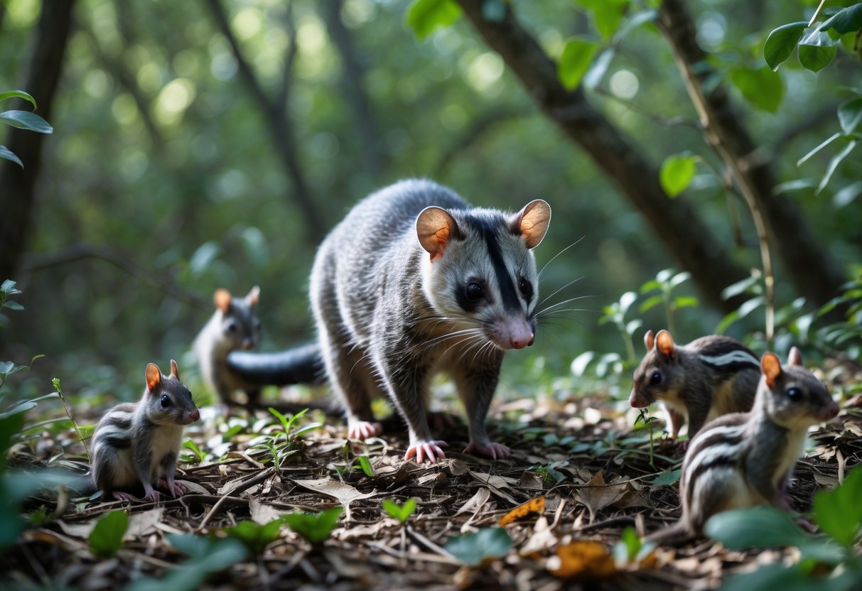 A calm opossum standing on the forest floor surrounded by small woodland animals like squirrels and birds in a peaceful outdoor setting.