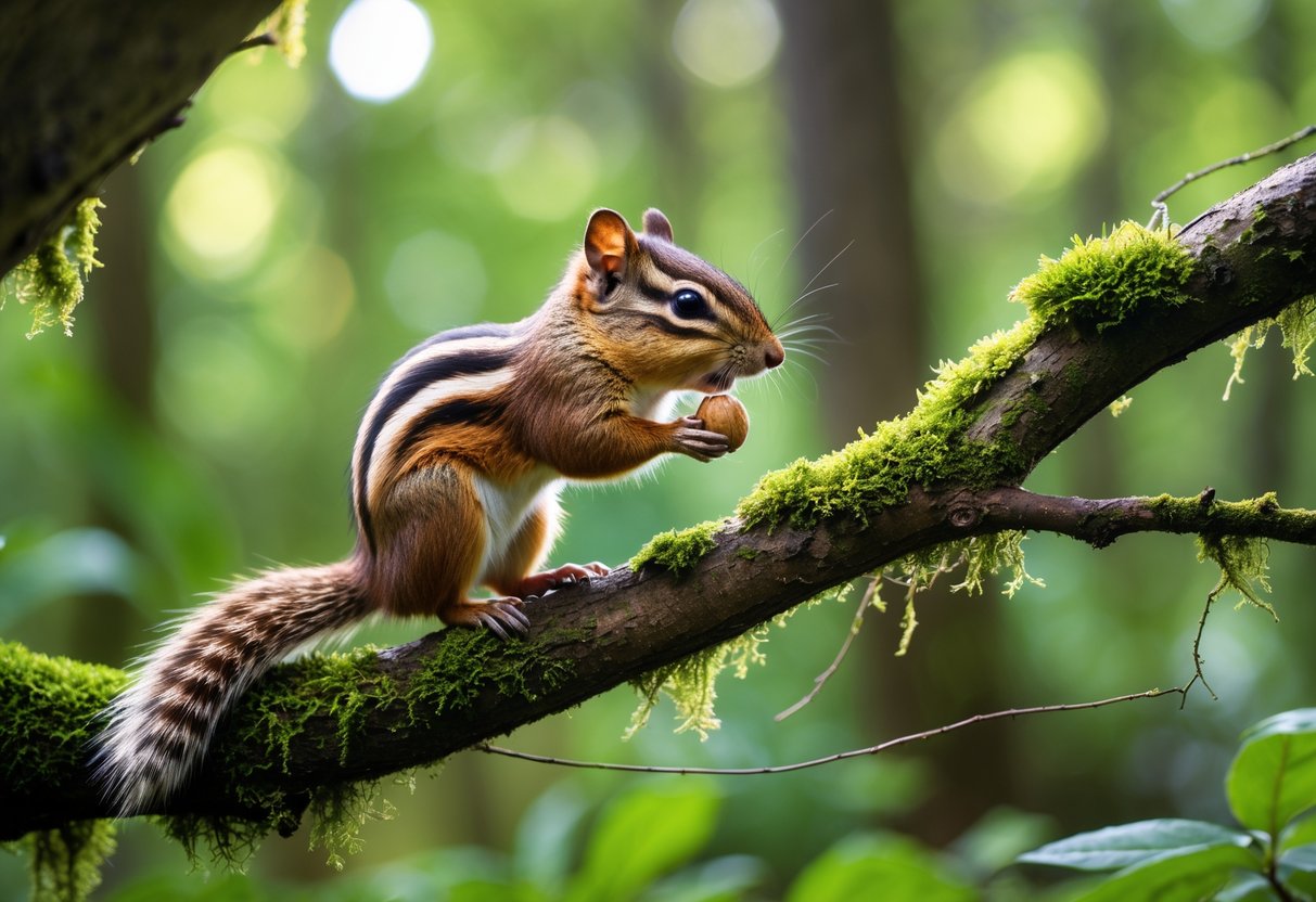 A chipmunk sitting on a mossy tree branch in a green forest holding a nut.