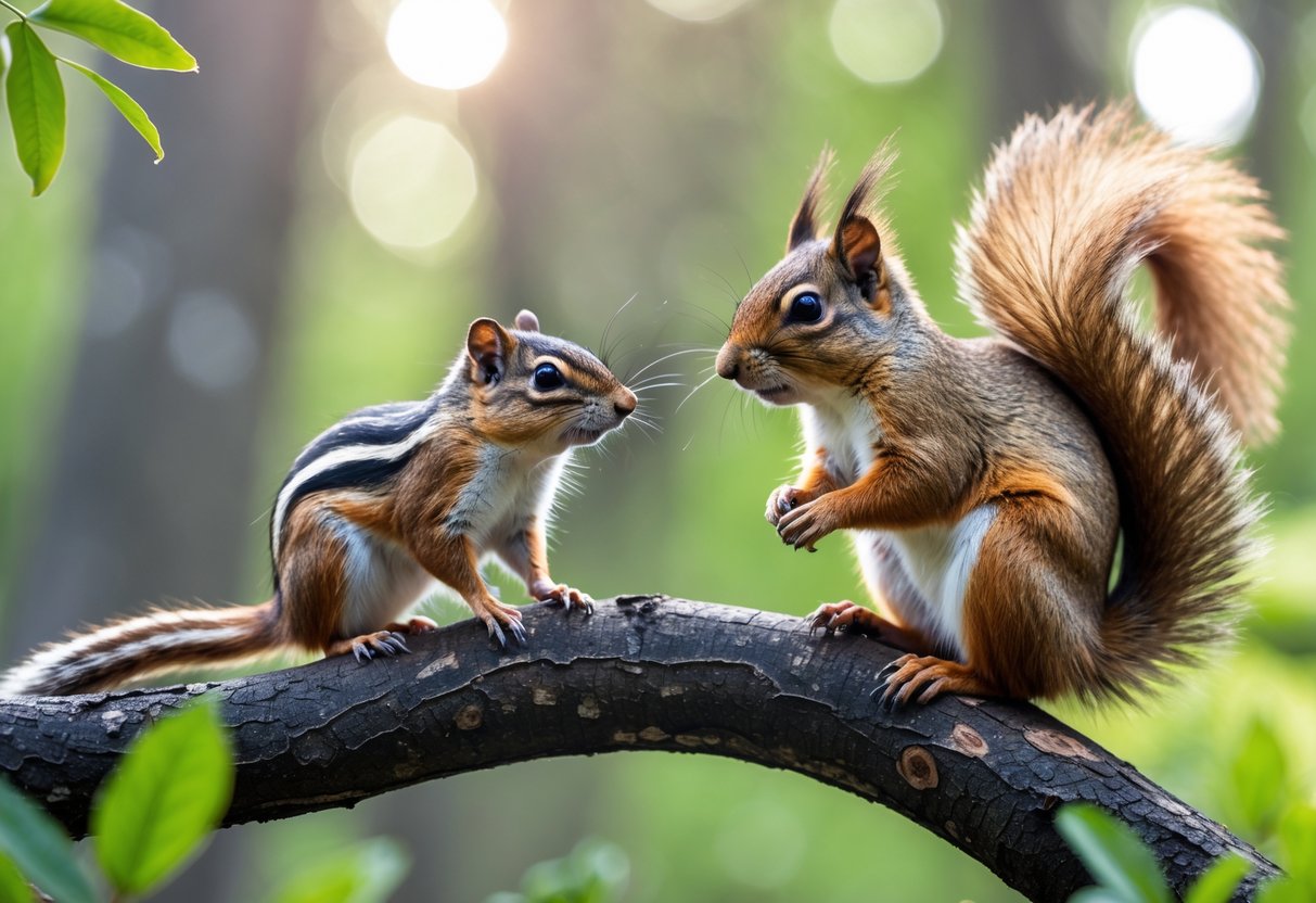 A chipmunk and a squirrel sitting on tree branches in a forest.
