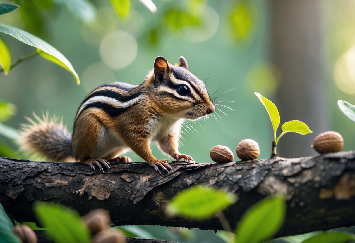 A chipmunk sitting on a tree branch surrounded by green leaves and nuts in a forest.