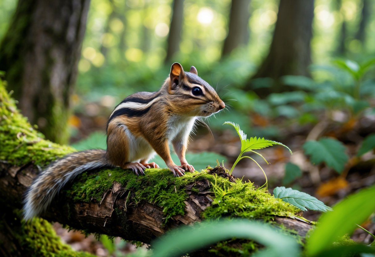 A chipmunk sitting on a mossy tree branch in a green forest with sunlight filtering through the leaves.
