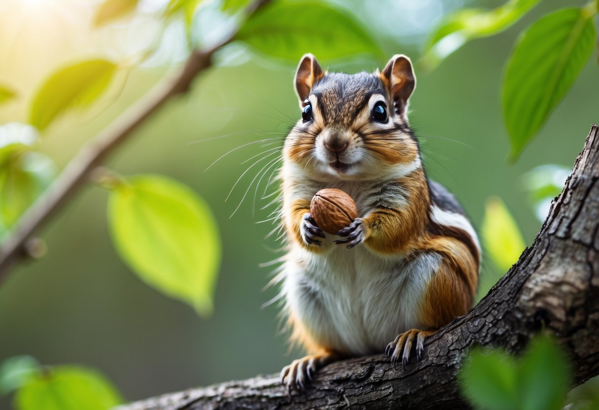 A chipmunk sitting calmly on a tree branch surrounded by green leaves.